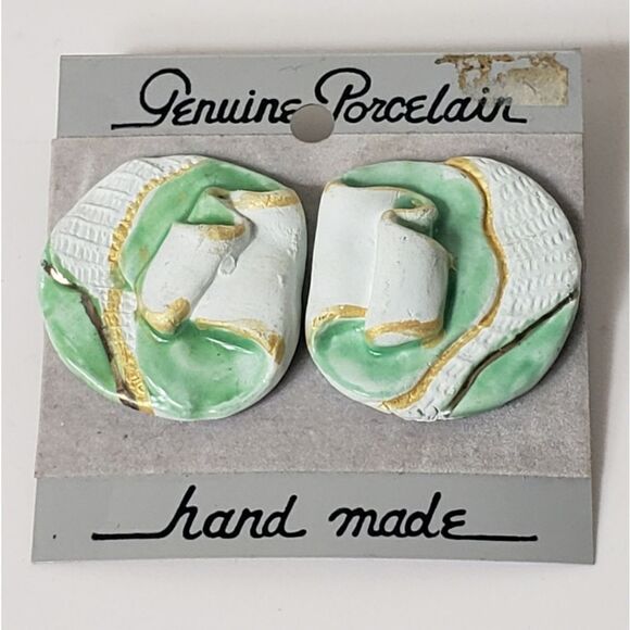 VINTAGE HANDMADE Porcelain Pierced Earrings - Picture 1 of 5